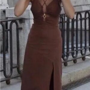 Zara Brown Rustic Slip Linen Blend Dress